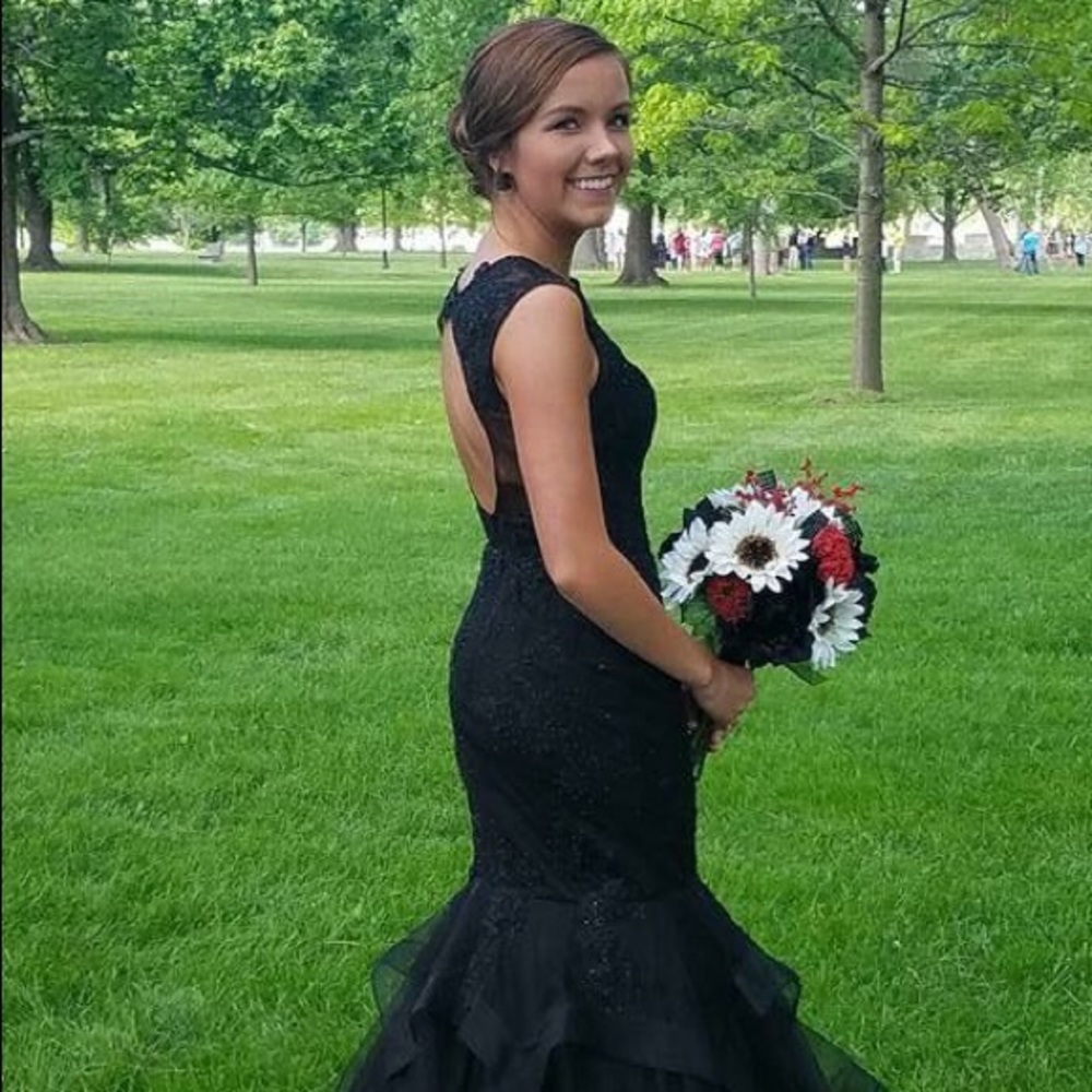 Black beaded prom dress.